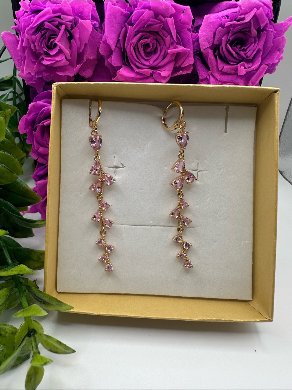 Gold-Tone Pink Crystal Linear Drop Earrings - Women jewelry